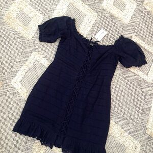 Revolve Lovers + Friends Navy Blue Fitted Off Shoulder Lace Up Peasant Dress Med